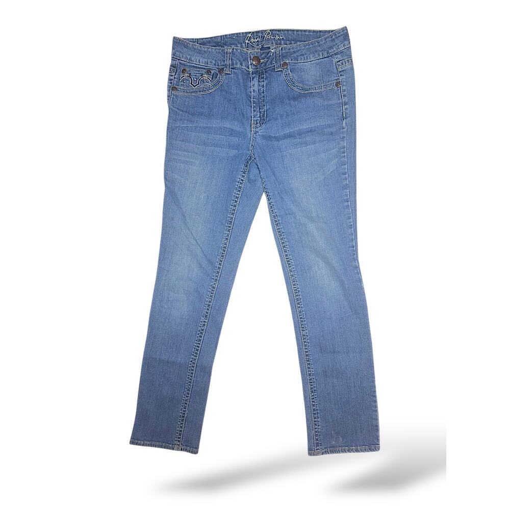 Royal Premium Jeans Size 10 Blue Denim Stretch Mid Rise Embellished Pockets